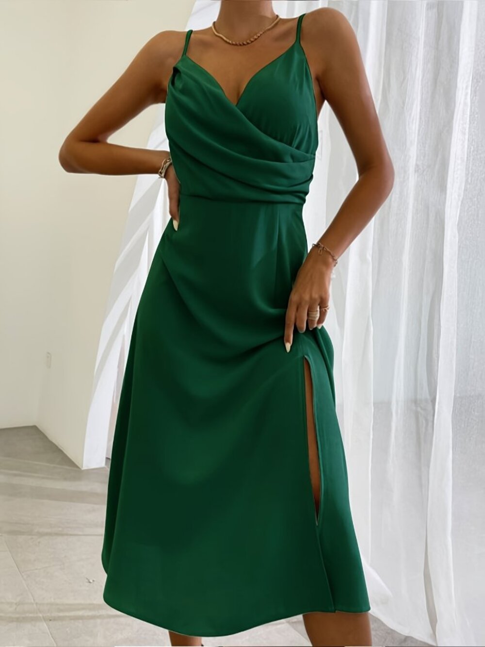 Women's Dark Green Midi Slip Dress – Irregular Hem Sleeveless Cami Dress